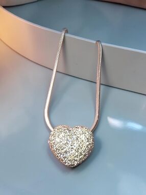 Pave' Crystal And Sterling Silver Puffy Heart Necklace Mint Condition